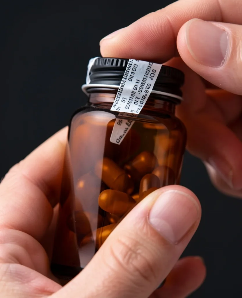 Botol suplemen kaca amber dengan segel keamanan utuh